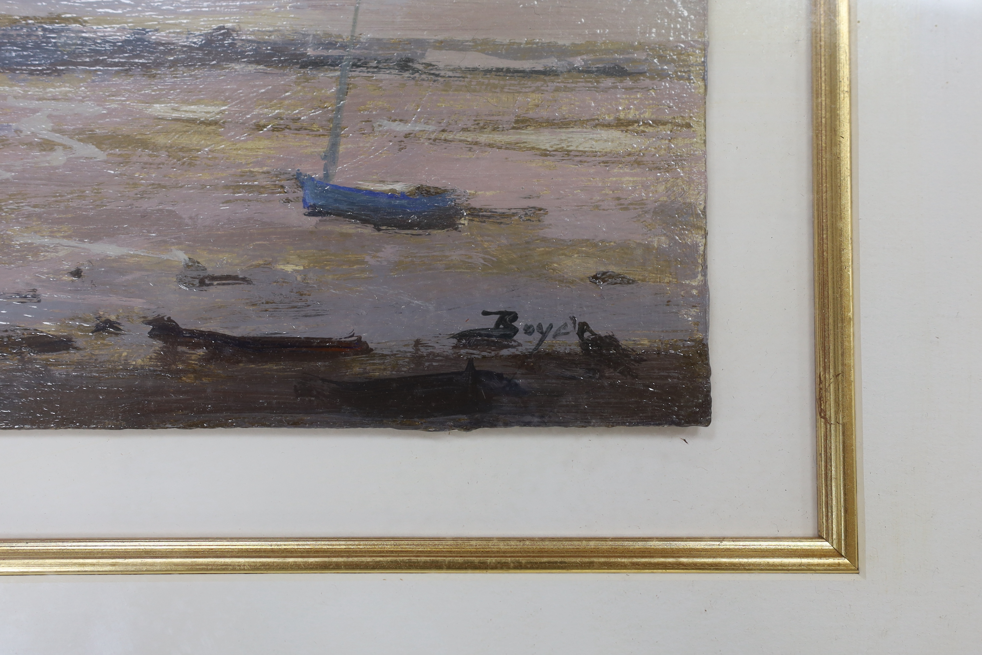 Boyd, Impressionist oil on board, Coastal view with boats, signed, 20 x 25cm